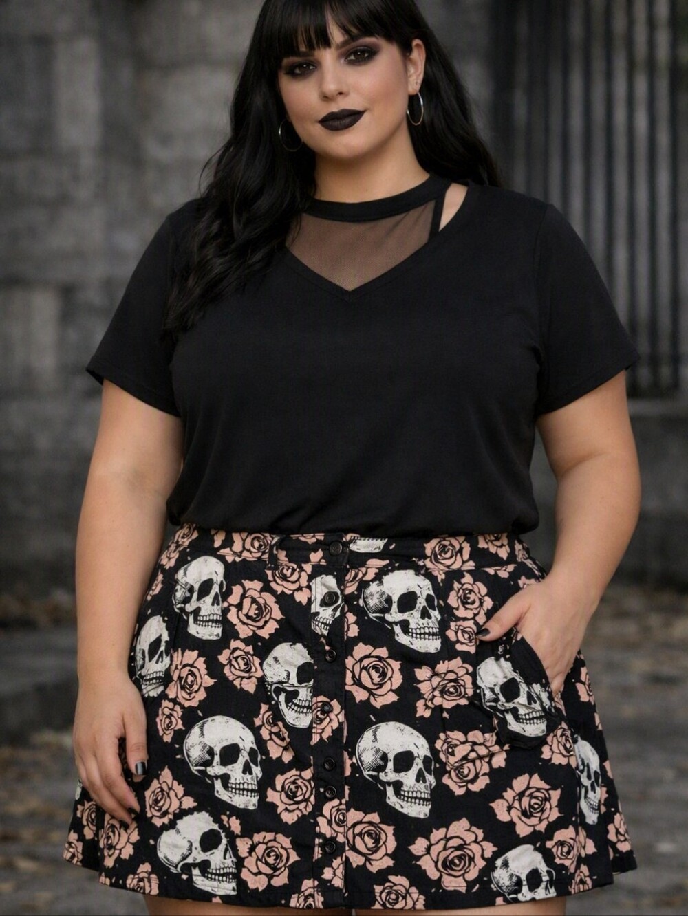 Midnight Hour Skull & Rose Button Front Mini Skirt Gothic Black Pink 2XL